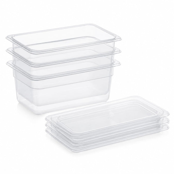 Glownary 1/4 Size Food Pan with Lid Set, 6 Inch Deep Translucent Polypropylene, BPA Free, NSF Listed, Stackable Storage Containers, 10.7x6.4 Inch, 3-Pack