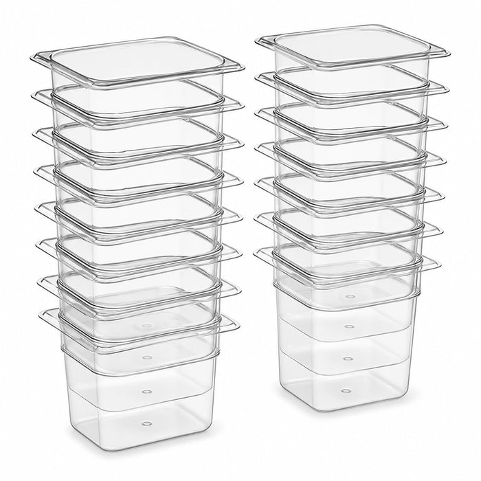 Glownary 16-Piece 1/6 Size Clear Polycarbonate Food Pan Set, 6 Inch Deep, Commercial Kitchen Storage Containers for Sandwich Prep Tables, NSF Listed, Stackable, Rectangle Shape