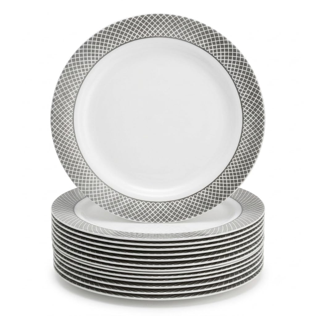 Glownary Lattice White Plastic Plates, 6 Inch, Silver Decorative Rim Design, BPA Free, Polystyrene, 150 Count, for Events and Weddings
