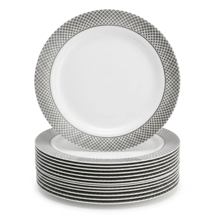 Glownary Lattice White Plastic Plates, 6 Inch, Silver Decorative Rim Design, BPA Free, Polystyrene, 150 Count, for Events and Weddings