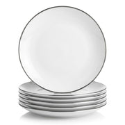 Glownary Coupe Dynasty White Round Plastic Plates, 10 Inch, Silver Band, BPA Free, Disposable, 120 Count, for Events and Weddings