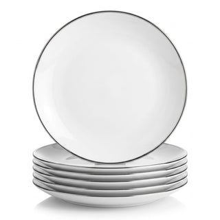 Glownary Coupe Dynasty White Round Plastic Plates, 10 Inch, Silver Band, BPA Free, Disposable, 120 Count, for Events and Weddings