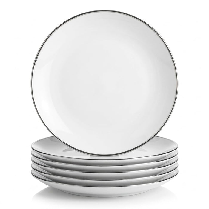 Glownary Coupe Dynasty White Round Plastic Plates, 10 Inch, Silver Band, BPA Free, Disposable, 120 Count, for Events and Weddings