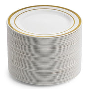 Glownary Halo 6 Inch Plastic Plates, Ivory with Gold Bands, Round Disposable Plates for Events and Weddings, BPA Free, 150 Count