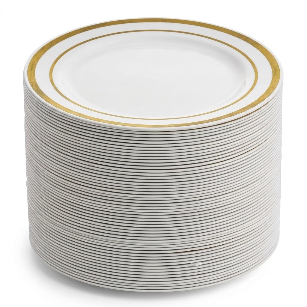 Glownary Halo 6 Inch Plastic Plates, Ivory with Gold Bands, Round Disposable Plates for Events and Weddings, BPA Free, 150 Count