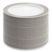 Glownary Lattice White Plastic Plates, 9 Inch, Silver Decorative Design, Polystyrene, for Events and Weddings, 120 Count