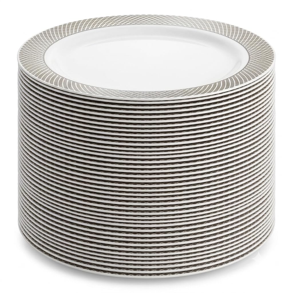 Glownary Lattice White Plastic Plates, 9 Inch, Silver Decorative Design, Polystyrene, for Events and Weddings, 120 Count