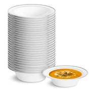 Glownary Halo Plastic Bowl, 12 oz, White with Silver Bands, Round, Disposable, BPA Free, 150 Count, 7.25 Inch Diameter