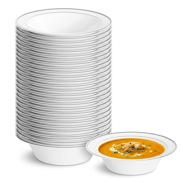 Glownary Halo Plastic Bowl, 12 oz, White with Silver Bands, Round, Disposable, BPA Free, 150 Count, 7.25 Inch Diameter
