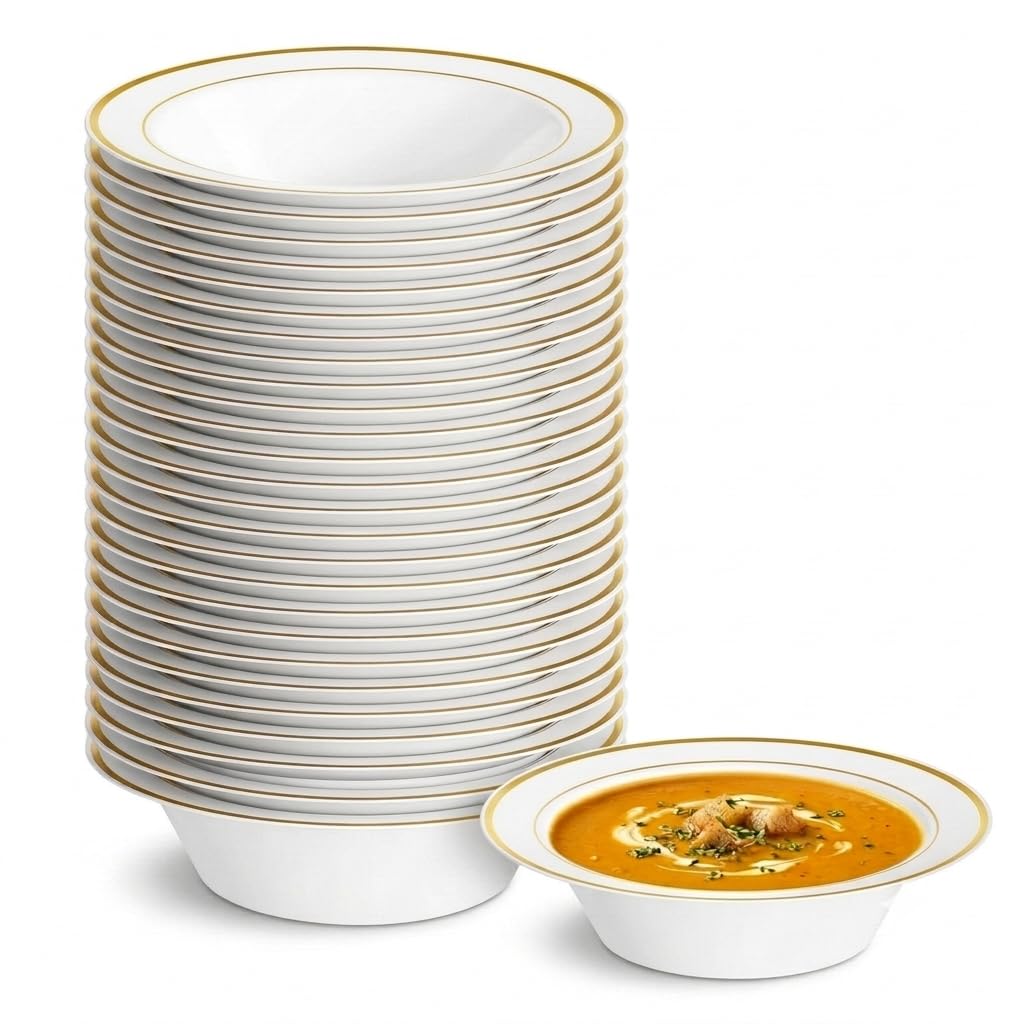 Glownary Halo White Plastic Bowl with Gold Bands, 12 oz, 7.25 Inch Diameter, BPA Free, Disposable, 150 Count