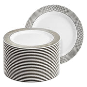 Glownary Lattice White Plastic Plates, 7 Inch, Silver Rim Design, BPA Free, Disposable, Round, 150 Count, for Events and Weddings