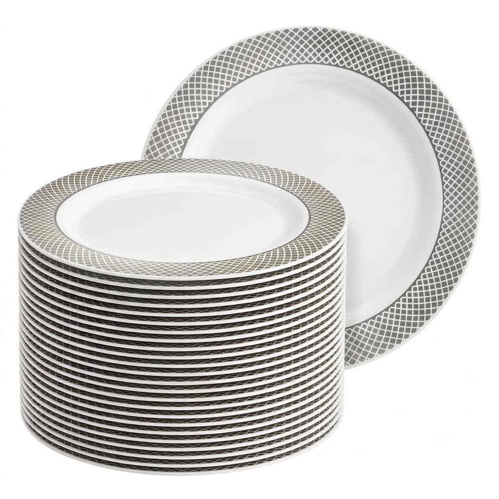 Glownary Lattice White Plastic Plates, 7 Inch, Silver Rim Design, BPA Free, Disposable, Round, 150 Count, for Events and Weddings