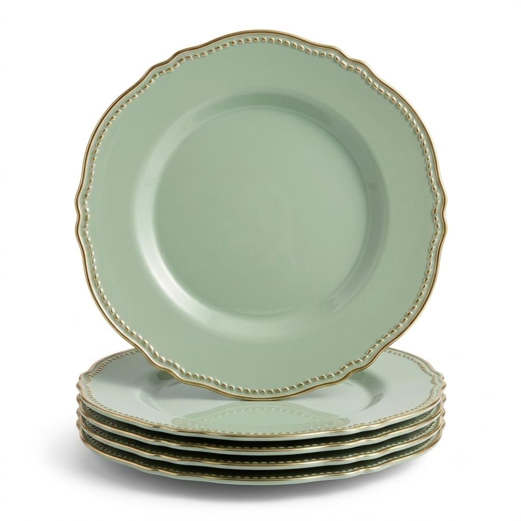 Glownary Heirloom Eucalyptus Round Plastic Dinner Plates, 10 Inch, Gold Rim, BPA Free, Disposable, 120 Count, for Events and Weddings