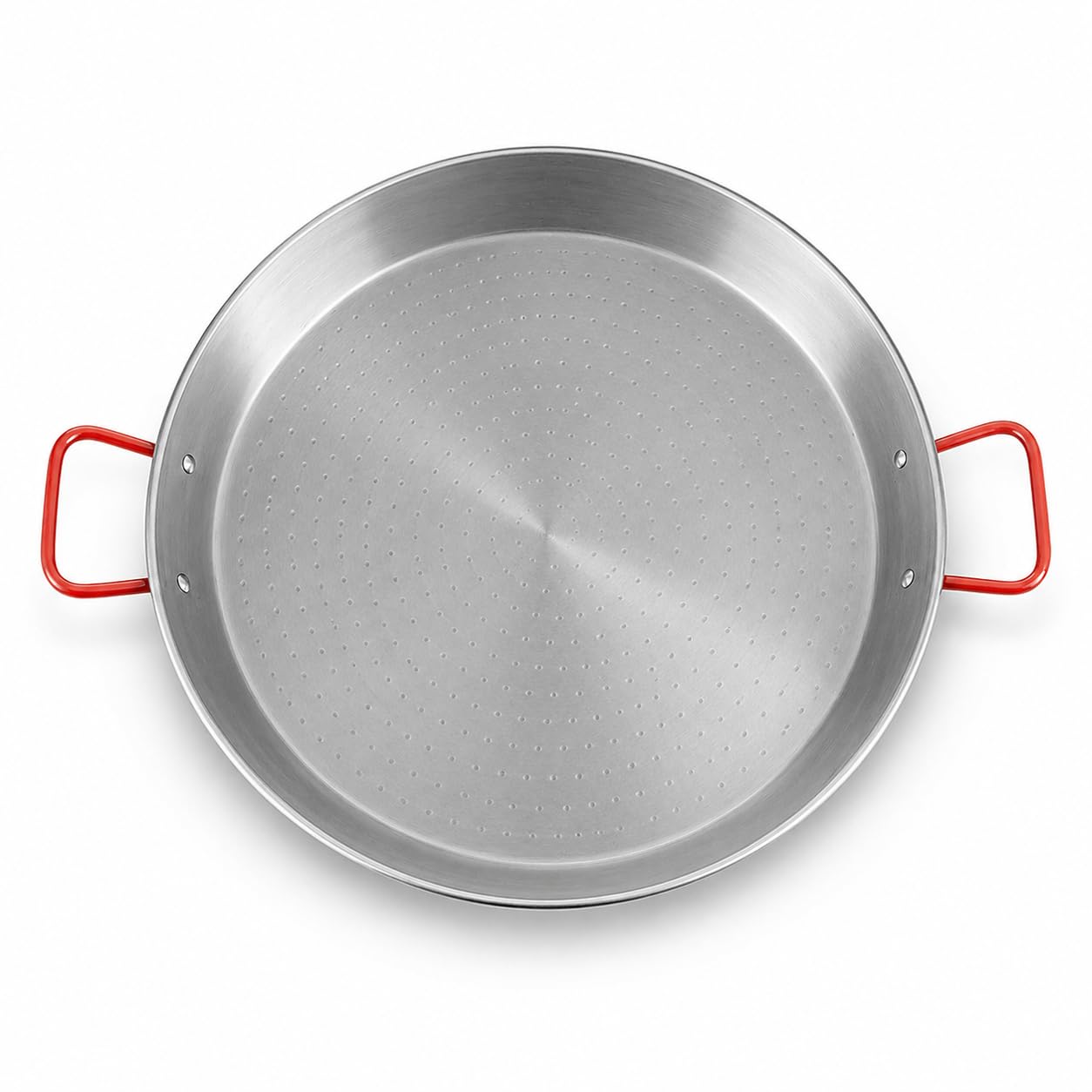 Glownary Carbon Steel Paella Pan, Silver Round with Dual Red Handles, Uncoated Dimpled Surface for 9-16 Guests, Hand Wash Only (Polished, 18'')
