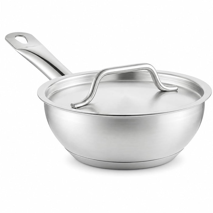 SS1 Series 1 Qt. Stainless Steel Saucier Pan with Aluminum-Clad Bottom, Silver, Welded Handle, Flared Design, NSF Listed, Induction Ready, 6.8 x 2.6 Inch with Lid