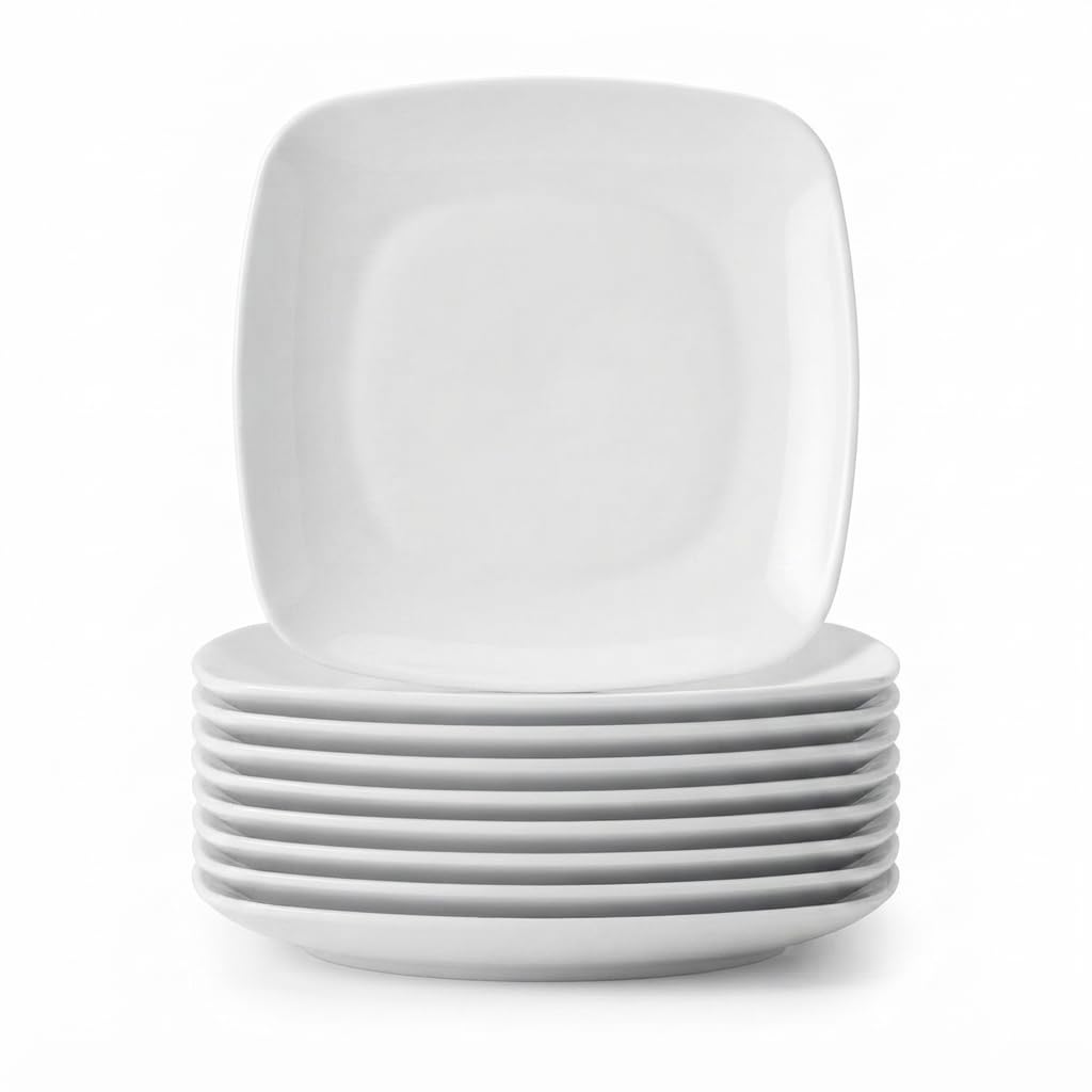 Glownary Square Plastic Plates, White, 10 Inch Coupe Style, BPA Free, Disposable, 120 Count, for Events and Weddings