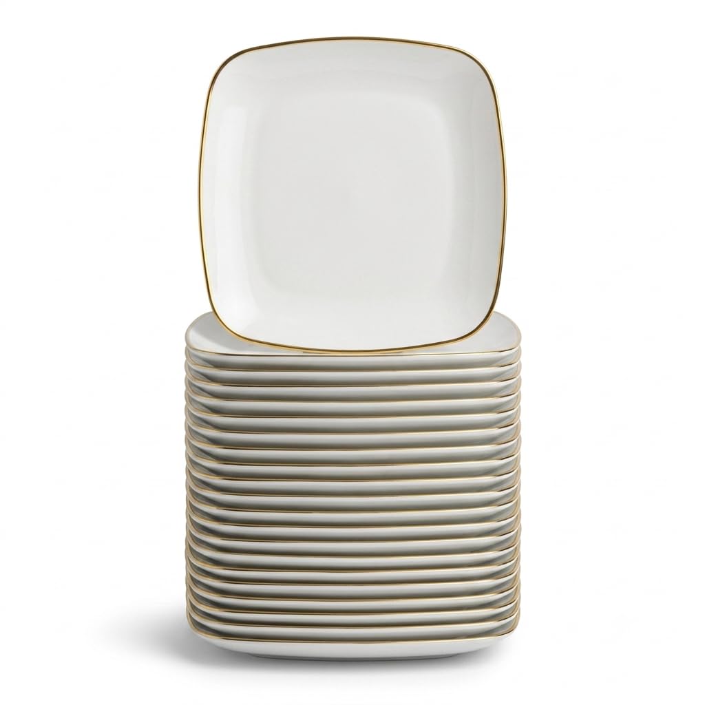 Glownary Coupe Dynasty Square Plastic Plates, White with Gold Band, 6 Inch, BPA Free, Disposable, 120 Count, for Events and Weddings