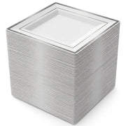 Glownary Square Plastic Dinner Plates, 10 Inch White with Silver Bands, BPA Free, 120 Count Case for Events and Weddings