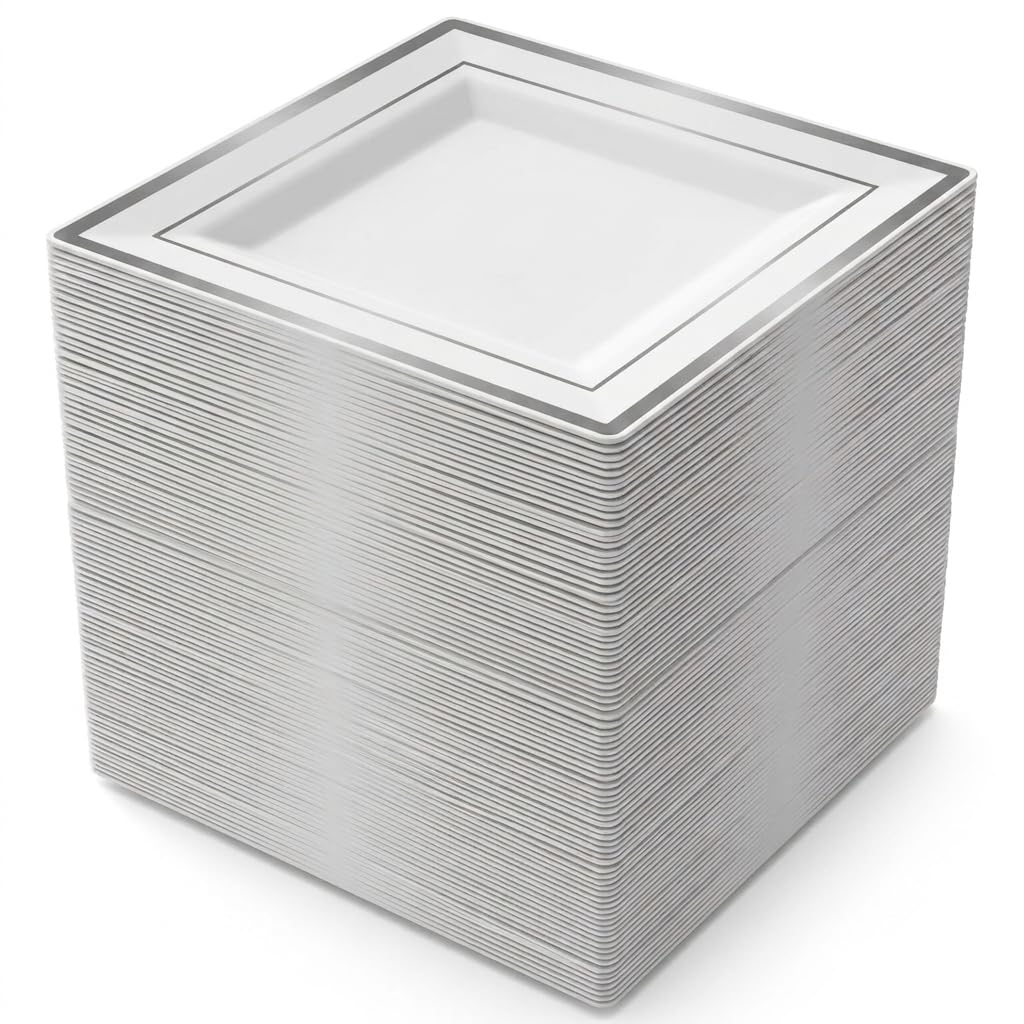 Glownary Square Plastic Dinner Plates, 10 Inch White with Silver Bands, BPA Free, 120 Count Case for Events and Weddings