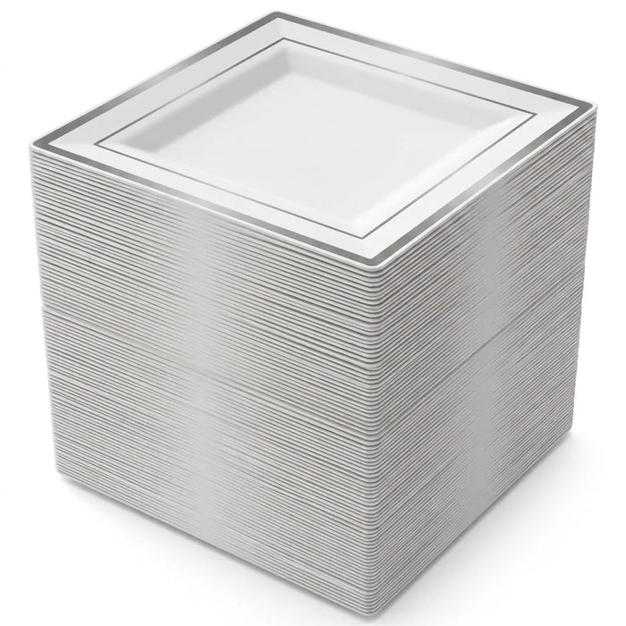 Glownary Square Plastic Dinner Plates, 10 Inch White with Silver Bands, BPA Free, 120 Count Case for Events and Weddings