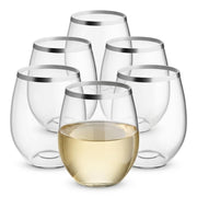 Glownary Coupe Dynasty Stemless Wine Glass, Clear PET Plastic, 12 oz, Silver Rim, Heavy Weight, 64/Case, Hand Wash Only