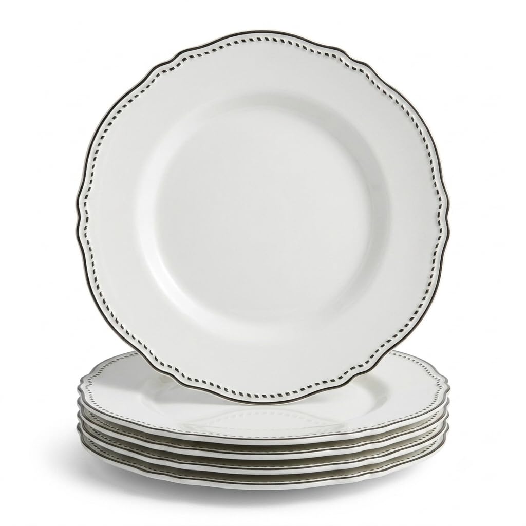 Glownary Heirloom White Round Plastic Plates with Silver Rim, 10 Inch, BPA Free, Disposable, for Events and Weddings, 120 Count