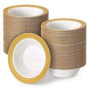 Glownary Lattice White Bowl with Gold Rim Design, 12 oz, Polystyrene, Round, Disposable, BPA Free, 150 Count, 7.25 Inch Diameter