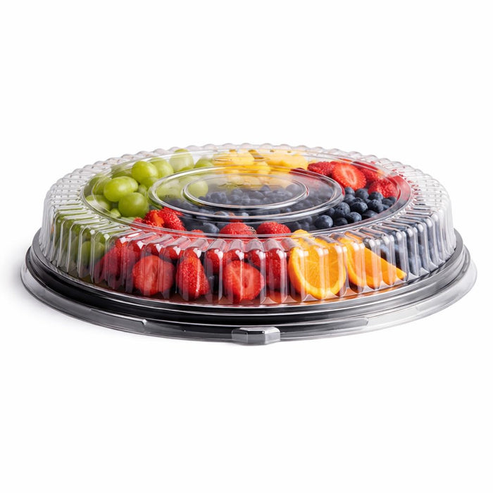 Glownary Black Round Plastic Catering Tray with Low Dome Lid, 16 Inch, PET Material, Stackable, BPA Free, 10 Pack