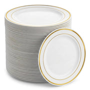 Glownary Halo Gold Band Plastic Plates, 9 Inch, Bone Ivory, Polystyrene, Round, BPA Free, for Events and Weddings, 120 Count