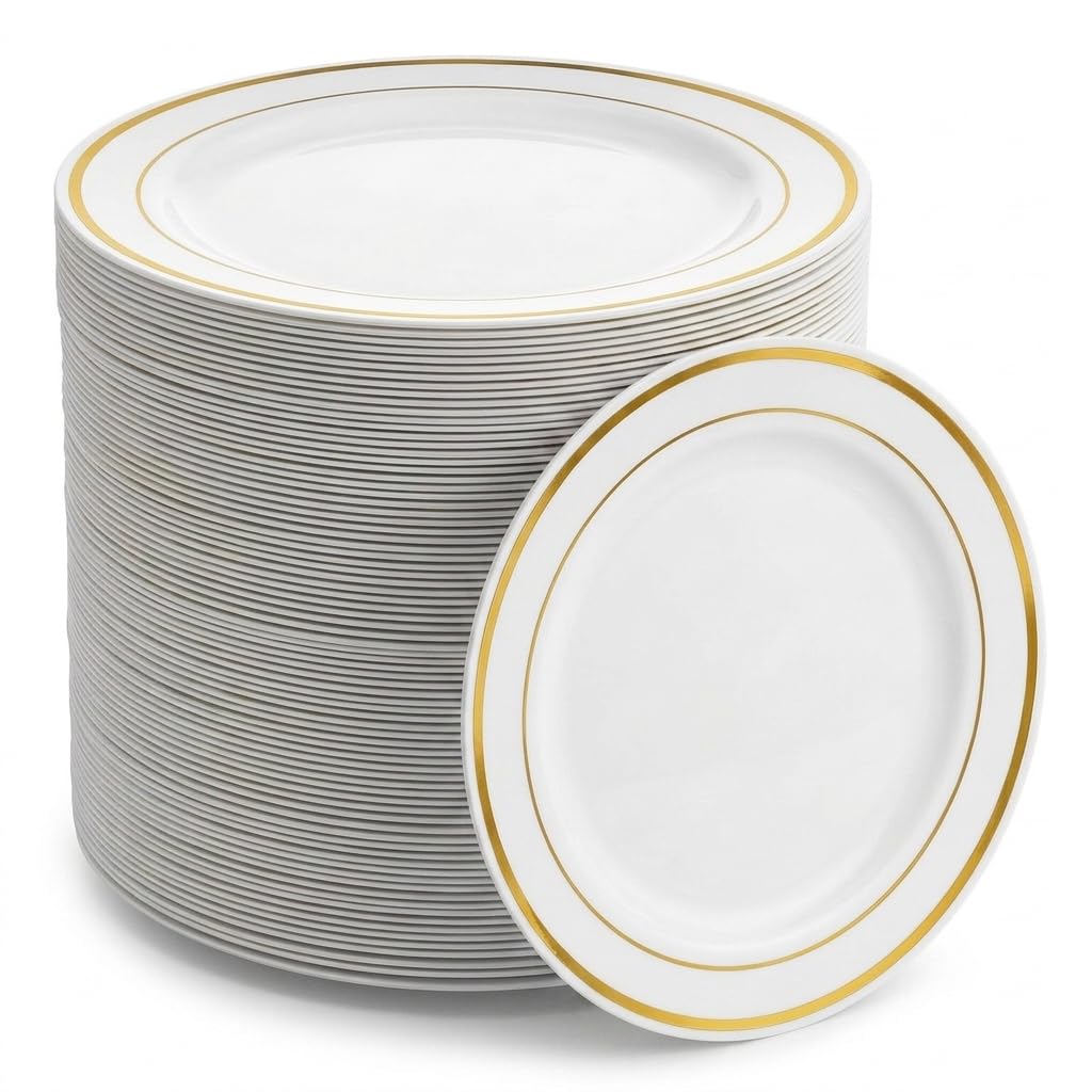 Glownary Halo Gold Band Plastic Plates, 9 Inch, Bone Ivory, Polystyrene, Round, BPA Free, for Events and Weddings, 120 Count