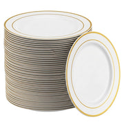 Glownary Halo 7 Inch Round Plastic Plates, Ivory with Gold Bands, BPA Free, Disposable for Events and Weddings, 150 Count