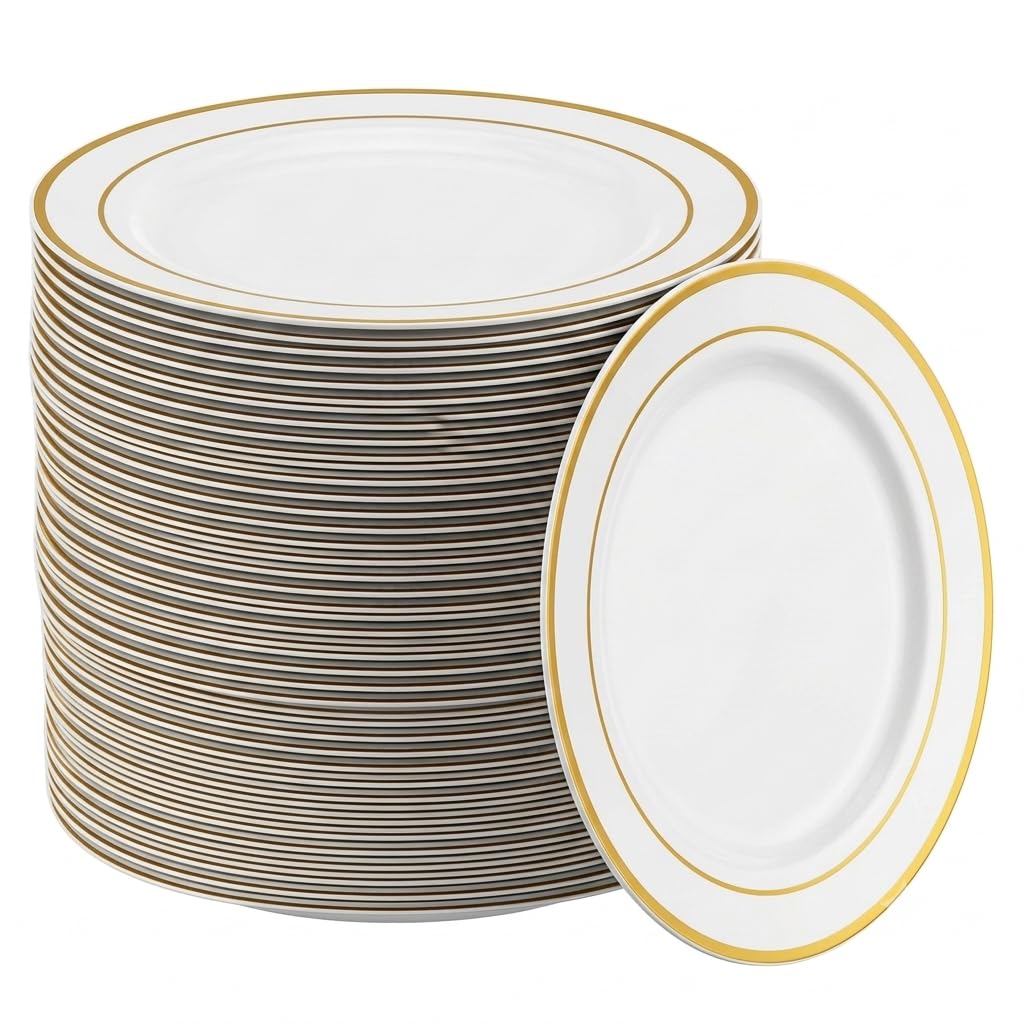 Glownary Halo 7 Inch Round Plastic Plates, Ivory with Gold Bands, BPA Free, Disposable for Events and Weddings, 150 Count