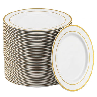 Glownary Halo 7 Inch Round Plastic Plates, Ivory with Gold Bands, BPA Free, Disposable for Events and Weddings, 150 Count