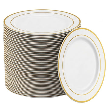 Glownary Halo 7 Inch Round Plastic Plates, Ivory with Gold Bands, BPA Free, Disposable for Events and Weddings, 150 Count