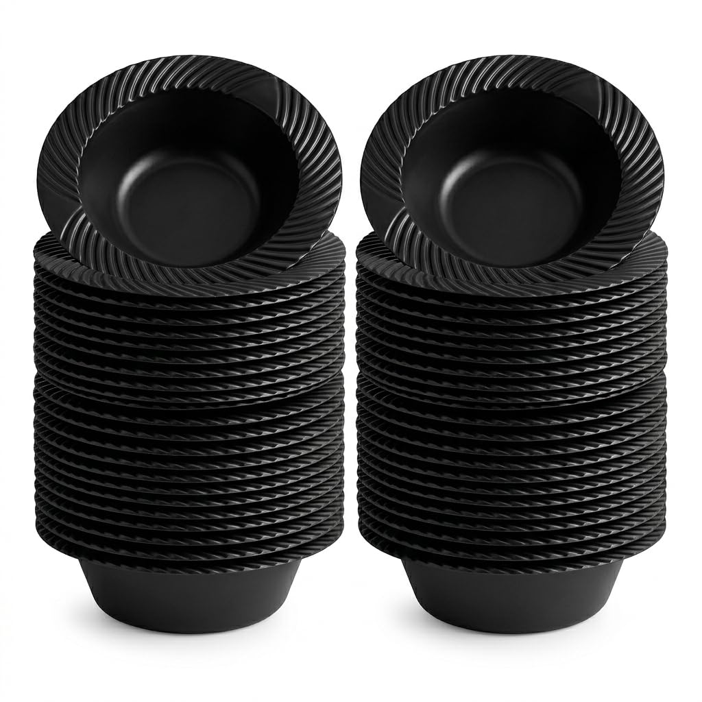 Glownary Wave Black Plastic Bowl, 6 oz, Round Scalloped Edge, Polystyrene, 180 Count, BPA Free, for Banquets and Catering