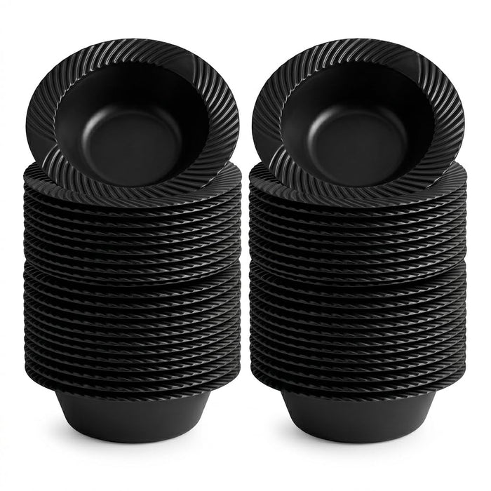 Glownary Wave Black Plastic Bowl, 6 oz, Round Scalloped Edge, Polystyrene, 180 Count, BPA Free, for Banquets and Catering