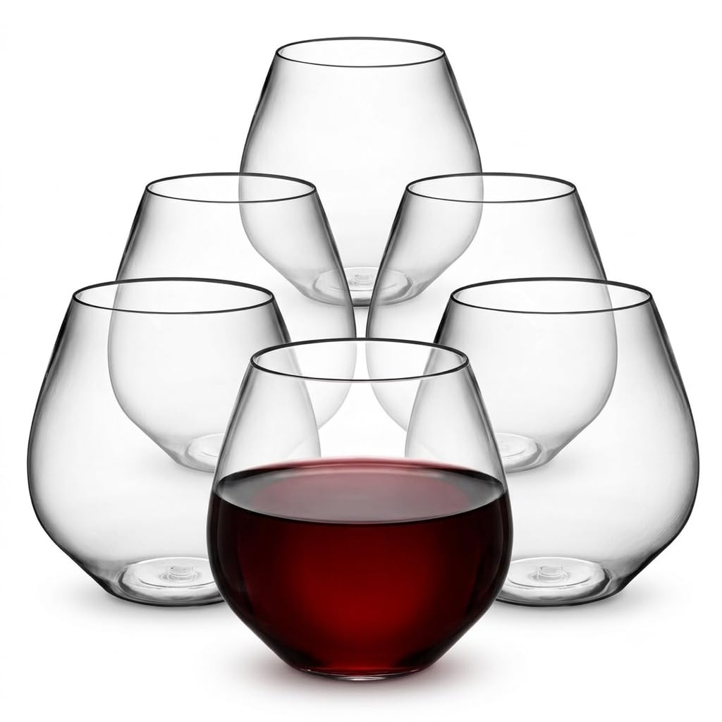 Glownary Clear Plastic Stemless Wine Glass, 18 oz, PET Material, Heavy Weight, Crystal Clear Design, BPA Free, 64 per Case