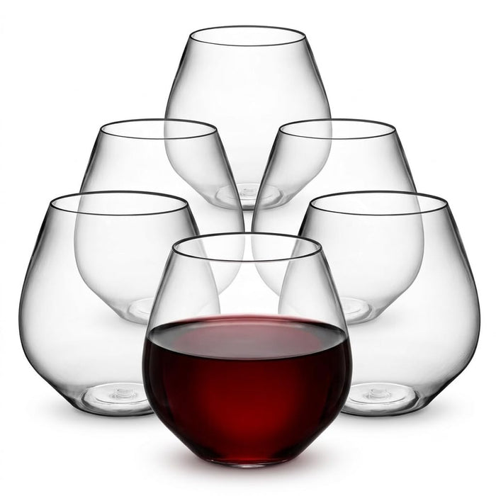 Glownary Clear Plastic Stemless Wine Glass, 18 oz, PET Material, Heavy Weight, Crystal Clear Design, BPA Free, 64 per Case