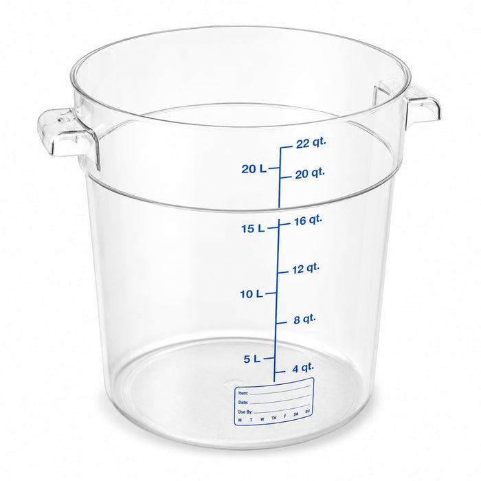 Glownary 22 Qt Round Polycarbonate Food Storage Container with Blue Gradations, Clear Commercial Grade, NSF Listed, Stackable with Handles, 14.9 Inch Height