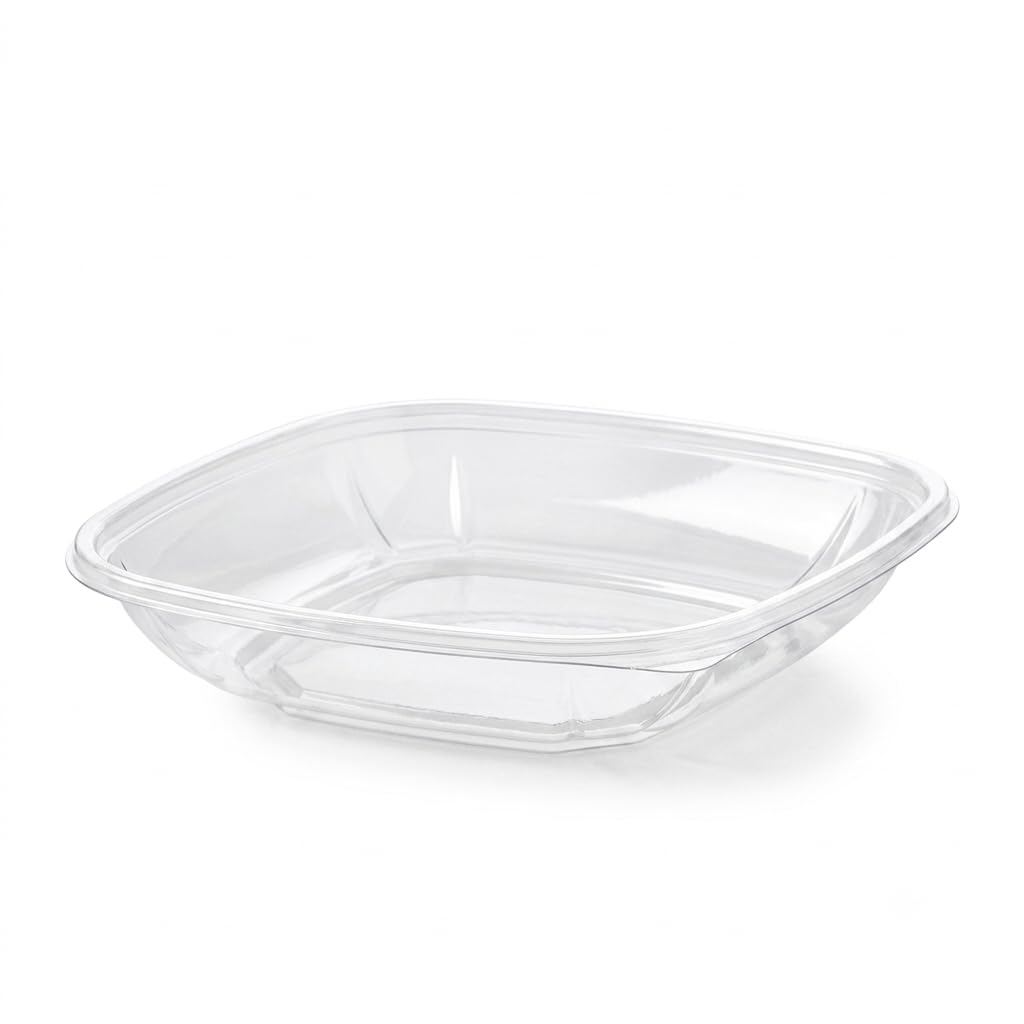 Glownary Square Serving Bowl, 24 oz, Clear PET Plastic, 7.5 x 7.5 x 1.625 Inches, Stackable, BPA Free, Cold Food Use, 300 per Case