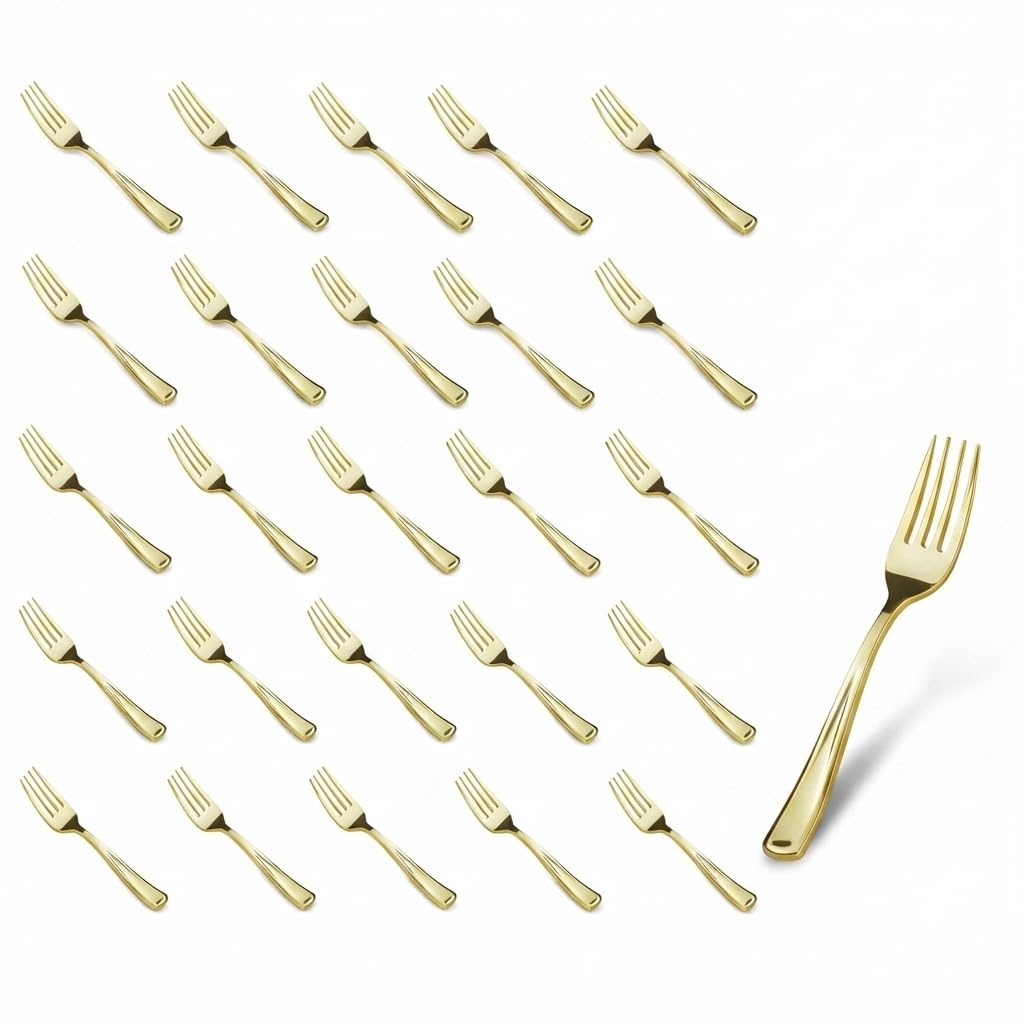 Glownary Classic Gold Plastic Forks, Heavy Weight, 7 1/4 Inch, 25 Pack, Disposable Metallic Flatware for Weddings and Parties