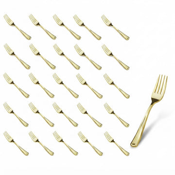 Glownary Classic Gold Plastic Forks, Heavy Weight, 7 1/4 Inch, 25 Pack, Disposable Metallic Flatware for Weddings and Parties
