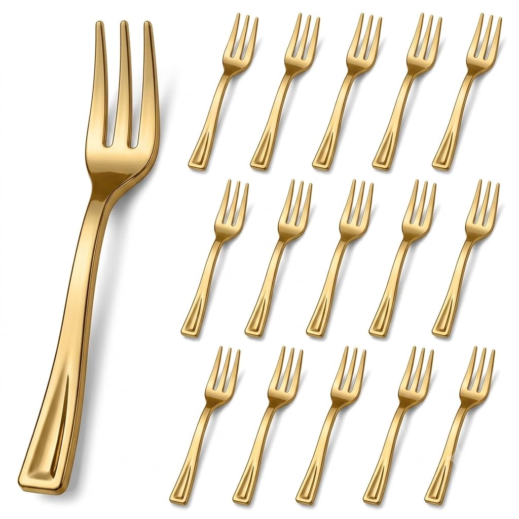 Glownary Gold Plastic Tasting Fork, 5 Inch, 400 Count, BPA Free, Recyclable, 3-Tine Design, for Appetizers and Events