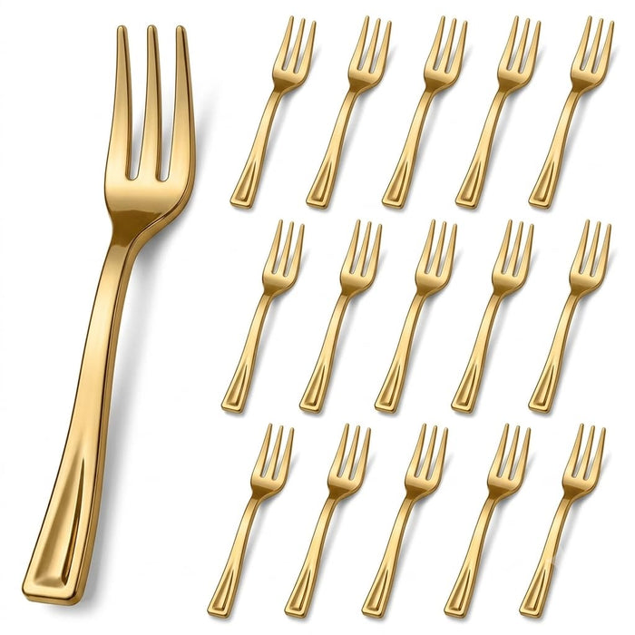 Glownary Gold Plastic Tasting Fork, 5 Inch, 400 Count, BPA Free, Recyclable, 3-Tine Design, for Appetizers and Events