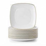 Glownary Square Plastic Dinner Plates, 10 Inch White with Gold Band, BPA Free, Disposable, 120 Count, for Events and Weddings
