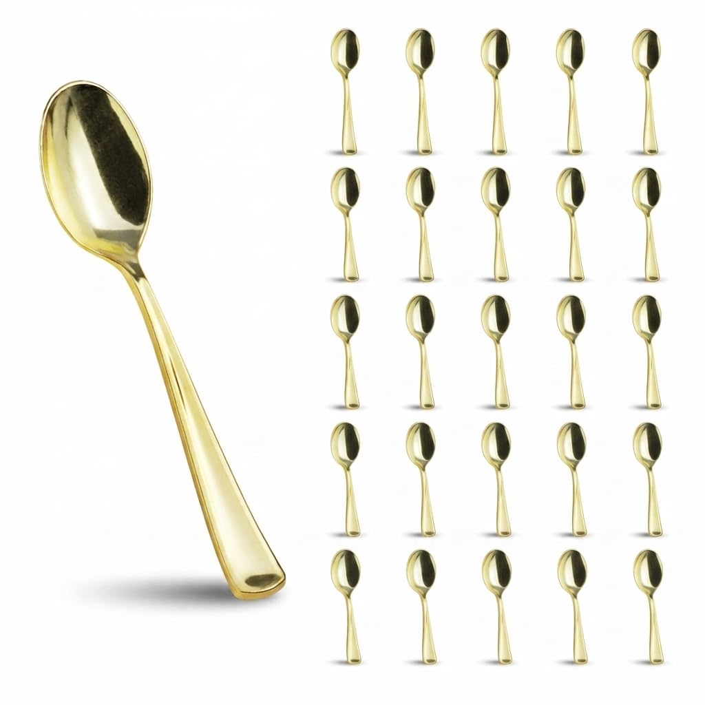 Glownary Classic Gold Plastic Teaspoons, Heavy Weight, 6 3/4 Inches, Metallic Finish, 25 Pack for Weddings and Catered Events