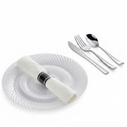 Glownary Silver White Wave Plastic Dinnerware Set, 144 Settings with Plates, Pre-Rolled Cutlery, Classic Rolled Flatware, Disposable, for Weddings and Events