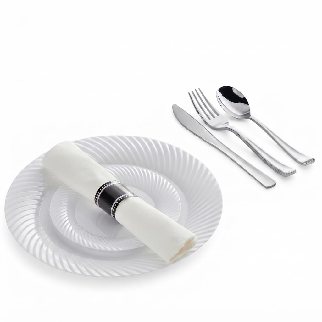 Glownary Silver White Wave Plastic Dinnerware Set, 144 Settings with Plates, Pre-Rolled Cutlery, Classic Rolled Flatware, Disposable, for Weddings and Events