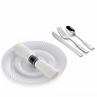 Glownary Silver White Wave Plastic Dinnerware Set, 144 Settings with Plates, Pre-Rolled Cutlery, Classic Rolled Flatware, Disposable, for Weddings and Events