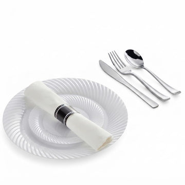 Glownary Silver White Wave Plastic Dinnerware Set, 144 Settings with Plates, Pre-Rolled Cutlery, Classic Rolled Flatware, Disposable, for Weddings and Events